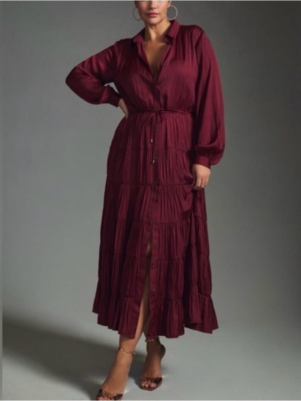 Anthropologie Burgundy Tiered Button-Front Long Sleeve Maxi Dress SMALL
